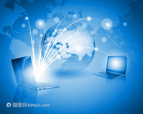 网络背景上带地球仪插图的笔记本电脑图像